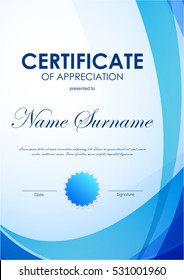 Certificate of appreciation template with blue futuristic light wavy background and seal. Vector illustration