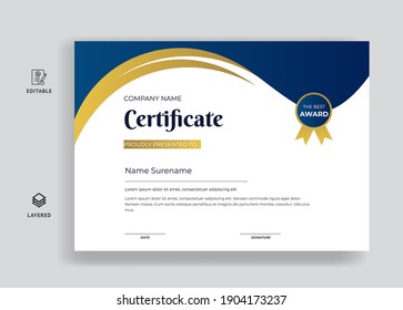 Certificate of appreciation template blue and gold color certificate design