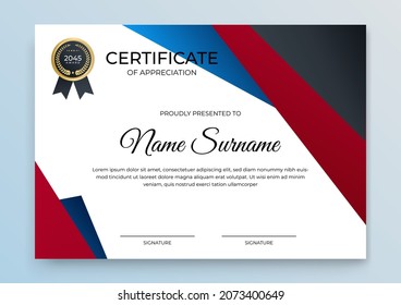 Certificate Appreciation Template Blue Red Black Stock Vector (Royalty ...