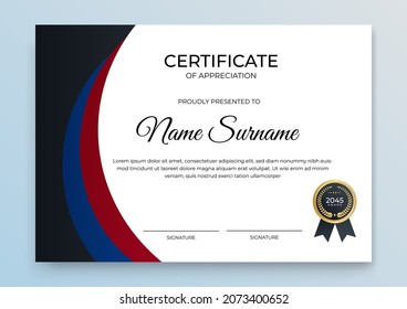 Certificate of appreciation template, blue red black color. Clean modern certificate with gold badge. Certificate border template with luxury and modern line pattern. Diploma vector template
