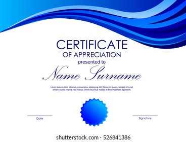 Certificate of appreciation template with blue wavy background and seal in light style. Vector illustration