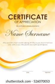 Certificate of appreciation template with blurred surface and orange wavy curve dynamic background. Vector illustration