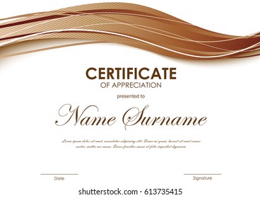Certificate of appreciation template with brown dynamic bright wavy striped background. Vector illustration