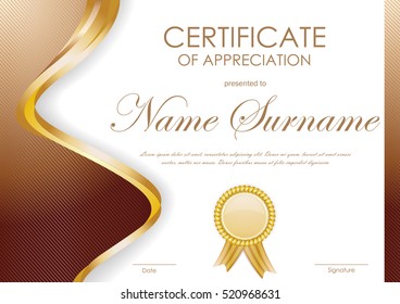 Certificate of appreciation template with brown wavy curved striped background and gold label. Vector illustration
