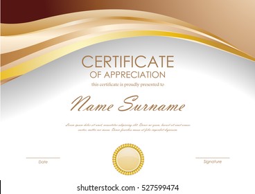 Certificate of appreciation template with brown wavy background and gold seal. Vector illustration