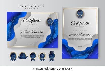 Plantilla de certificado de apreciación con un diseño limpio y elegante de borde vectorial para empresas multipropósito o necesidades educativas. Ilustración del vector certificado de oro azul oscuro