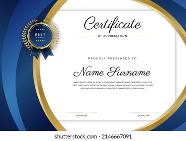 Certificate of appreciation template with clean elegant vector border design for multi-purpose business or education needs. Vector illustration dark blue gold certificate