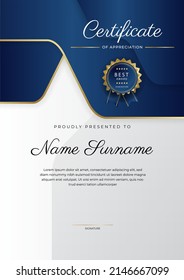 Certificate of appreciation template with clean elegant vector border design for multi-purpose business or education needs. Vector illustration dark blue gold certificate