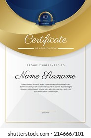 Certificate of appreciation template with clean elegant vector border design for multi-purpose business or education needs. Vector illustration dark blue gold certificate