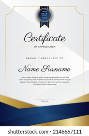 Plantilla de certificado de apreciación con un diseño limpio y elegante de borde vectorial para empresas multipropósito o necesidades educativas. Ilustración del vector certificado de oro azul oscuro