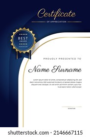 Certificate Of Appreciation Template With Clean Elegant Vector Border Design For Multi-purpose Business Or Education Needs. Vector Illustration Dark Blue Gold Certificate