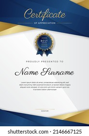 Plantilla de certificado de apreciación con un diseño limpio y elegante de borde vectorial para empresas multipropósito o necesidades educativas. Ilustración del vector certificado de oro azul oscuro