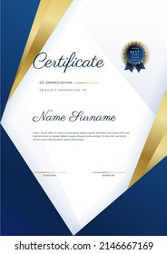 Certificate of appreciation template with clean elegant vector border design for multi-purpose business or education needs. Vector illustration dark blue gold certificate