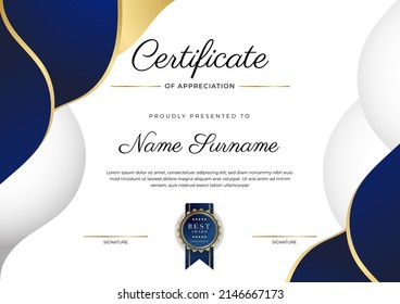 Certificate of appreciation template with clean elegant vector border design for multi-purpose business or education needs. Vector illustration dark blue gold certificate