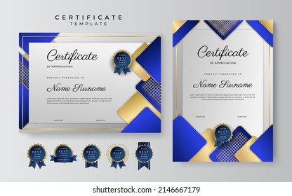 Plantilla de certificado de apreciación con un diseño limpio y elegante de borde vectorial para empresas multipropósito o necesidades educativas. Ilustración del vector certificado de oro azul oscuro