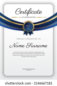 Certificate of appreciation template with clean elegant vector border design for multi-purpose business or education needs. Vector illustration dark blue gold certificate