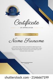 Certificate of appreciation template with clean elegant vector border design for multi-purpose business or education needs. Vector illustration dark blue gold certificate