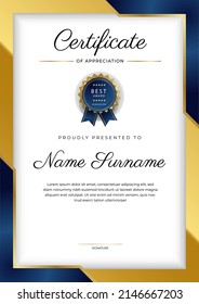Certificate of appreciation template with clean elegant vector border design for multi-purpose business or education needs. Vector illustration dark blue gold certificate