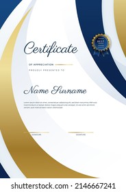 Certificate of appreciation template with clean elegant vector border design for multi-purpose business or education needs. Vector illustration dark blue gold certificate