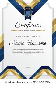 Certificate of appreciation template with clean elegant vector border design for multi-purpose business or education needs. Vector illustration dark blue gold certificate