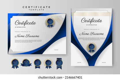 Certificate of appreciation template with clean elegant vector border design for multi-purpose business or education needs. Vector illustration wavy blue gold certificate