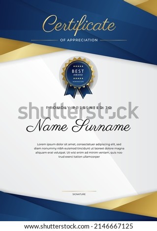 Certificate of appreciation template with clean elegant vector border design for multi-purpose business or education needs. Vector illustration dark blue gold certificate