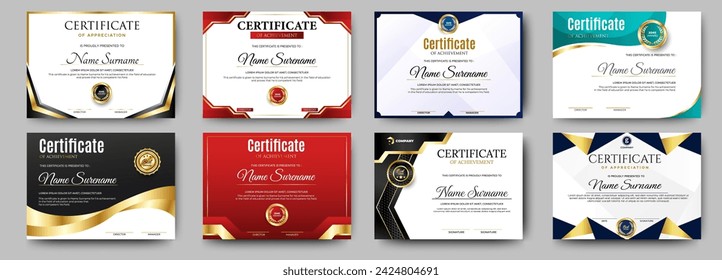 Certificate of appreciation template. Clean modern certificate with gold badge. Certificate border template with luxury and modern line pattern. Diploma vector template
