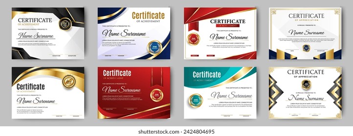 Certificate of appreciation template. Clean modern certificate with gold badge. Certificate border template with luxury and modern line pattern. Diploma vector template