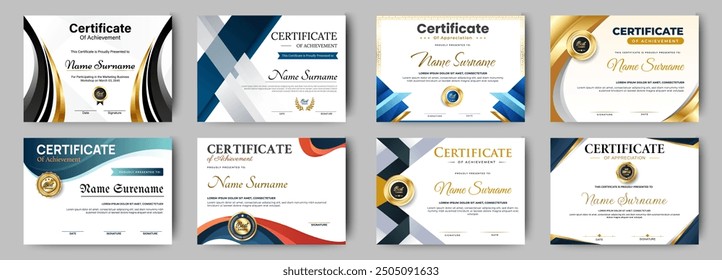 Certificate of appreciation template. Clean modern certificate with gold badge. Certificate border template with luxury and modern line pattern. Diploma vector template