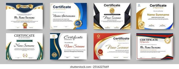 Certificate of appreciation template. Clean modern certificate with gold badge. Certificate border template with luxury and modern line pattern. Diploma vector template