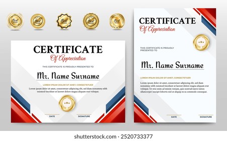 Modelo de certificado de apreciação. Certificado moderno limpo com distintivo de ouro. Modelo de borda de certificado com luxo e padrão de linha moderno. Modelo de vetor de diploma