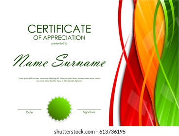 Certificate of appreciation template with colorful light wavy swirl background and green seal. Vector illustration