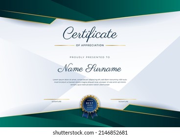 Certificate of appreciation template, dark green and gold color. Clean modern certificate with gold badge. Certificate border template with luxury and modern line pattern. Diploma vector temp