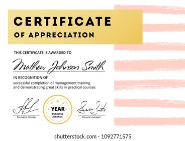 Certificate of appreciation template design. Elegant business diploma layout for training graduation or course completion. Vector background illustration.