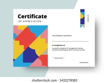 Certificate of appreciation template design. Elegant business diploma layout for training graduation or course completion. Vector background illustration.