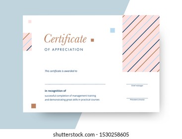 Certificate of appreciation template design. Elegant business diploma layout for training graduation or course completion. Vector background illustration.
