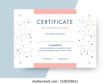 Certificate of appreciation template design. Elegant business diploma layout for training graduation or course completion. Vector background illustration.