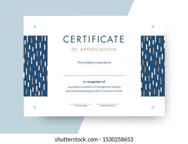 Certificate of appreciation template design. Elegant business diploma layout for training graduation or course completion. Vector background illustration.