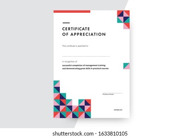Certificate of appreciation template design. Elegant business diploma layout for training graduation or course completion. Vector background illustration.