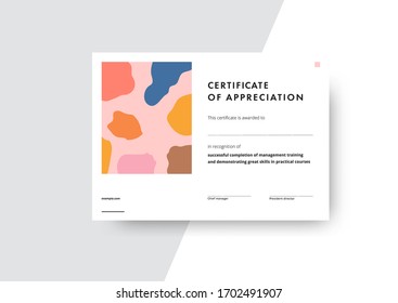 Diseño de la plantilla de certificado de apreciación. Diseño elegante de diploma de negocios para la graduación o la finalización del curso. Ilustración de fondo del vector.