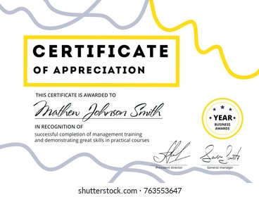 Certificate of appreciation template design. Elegant business diploma layout for training graduation or course completion. Vector background illustration.
