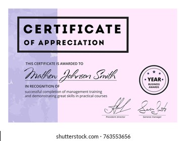 Certificate of appreciation template design. Elegant business diploma layout for training graduation or course completion. Vector background illustration.