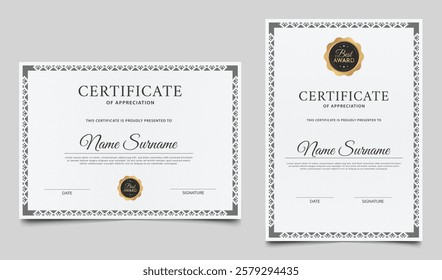 Certificate of appreciation template design. Minimalist certificate border with gold badge and lines pattern. Diploma award layout vector