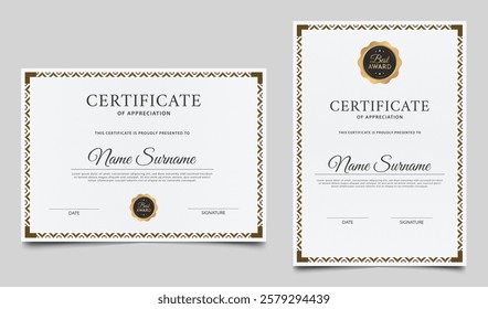 Certificate of appreciation template design. Minimalist certificate border with gold badge and lines pattern. Diploma award layout vector