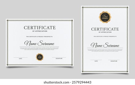 Certificate of appreciation template design. Minimalist certificate border with gold badge and lines pattern. Diploma award layout vector