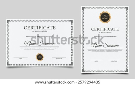 Certificate of appreciation template design. Minimalist certificate border with gold badge and lines pattern. Diploma award layout vector