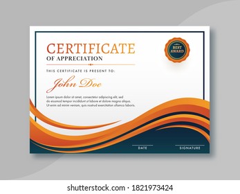 Certificate Of Appreciation Template Design with Orange Badge.