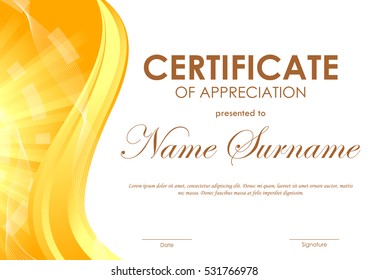 Certificate of appreciation template with digital light wavy background in orange and gold colors. Vector illustration