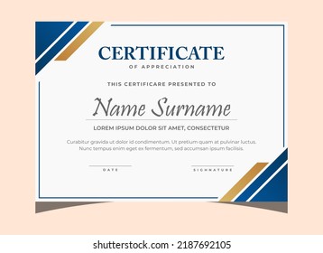 Certificate of appreciation template, elegant blue and gold diploma certificate template, clean modern certificate . certificate border template with luxury vector illustration