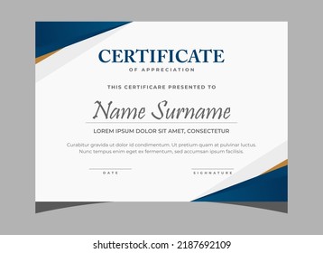 Plantilla de certificado de apreciación, plantilla de certificado de diploma elegante en azul y oro, certificado moderno limpio . plantilla de borde de certificado con ilustración vectorial de lujo